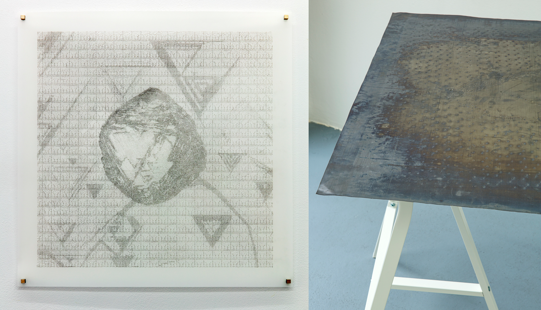 Left: Lee, Rosemary. ‘Diamond’. 2015. Graphite drawing on mylar. Right: Lee, Rosemary. ‘Graphite’. 2015. Stamped lead sheet.(Photos: Cordia Schlegelmilch, Galerie Gilla Lörcher. 2015.)